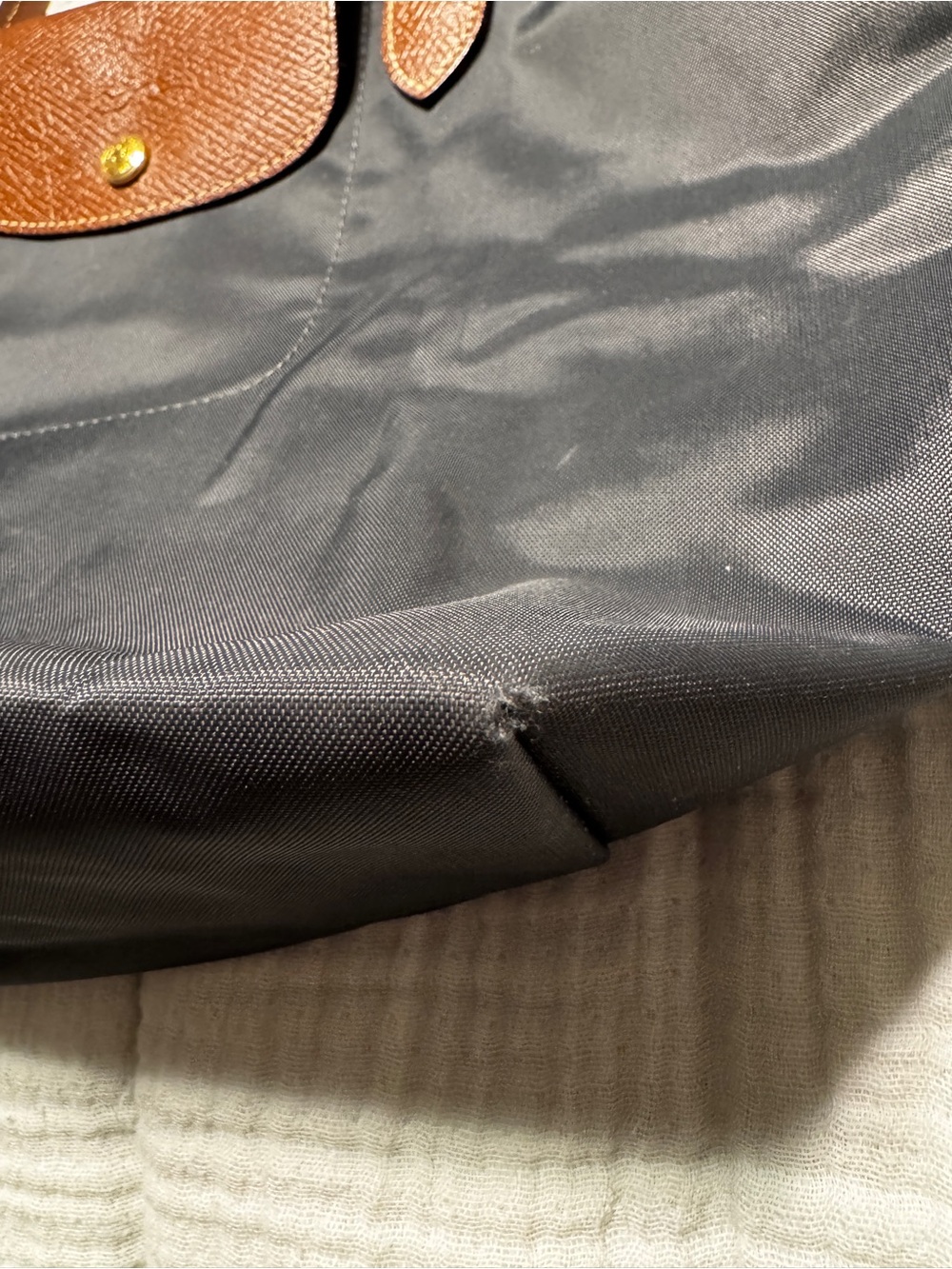 Longchamp Le Pliage Small Dark Gray Nylon Shoulder Tote Brown Leather - Picture 5 of 12